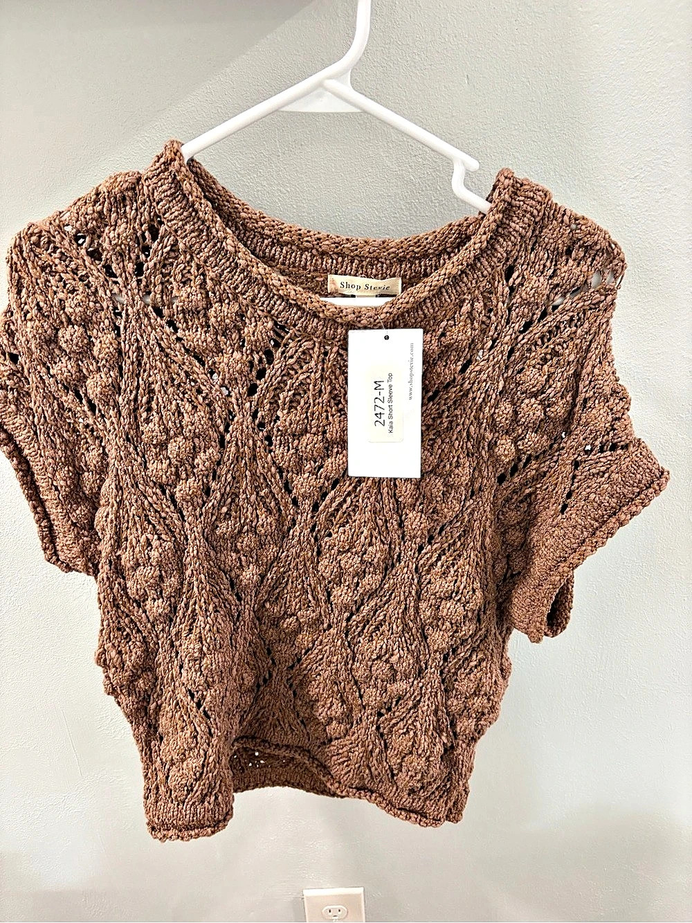 Shop Stevie Open Knit Short Sleeve Sweater Brown Medium NWT